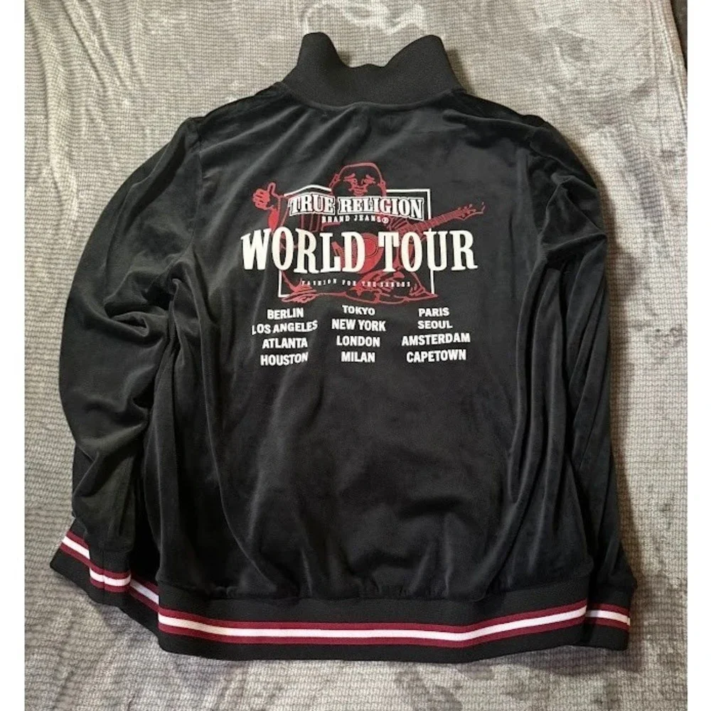 True‎ Religion Mens Black Velour Track Jacket Striped Trim Horseshoe Logo XL